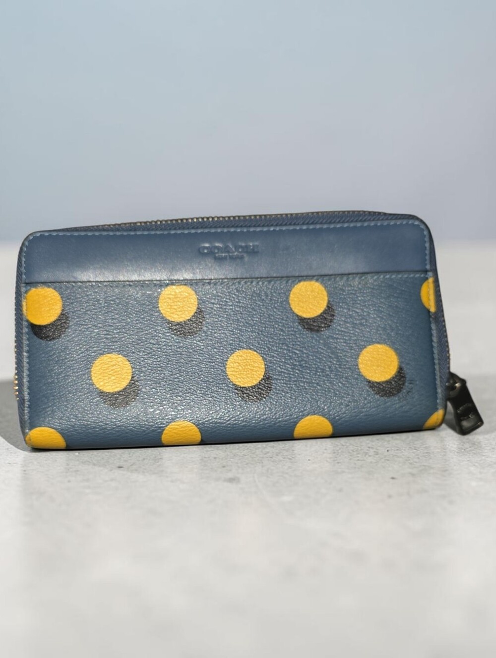 EUC Coach Navy Wallet with Yellow Polka Dots